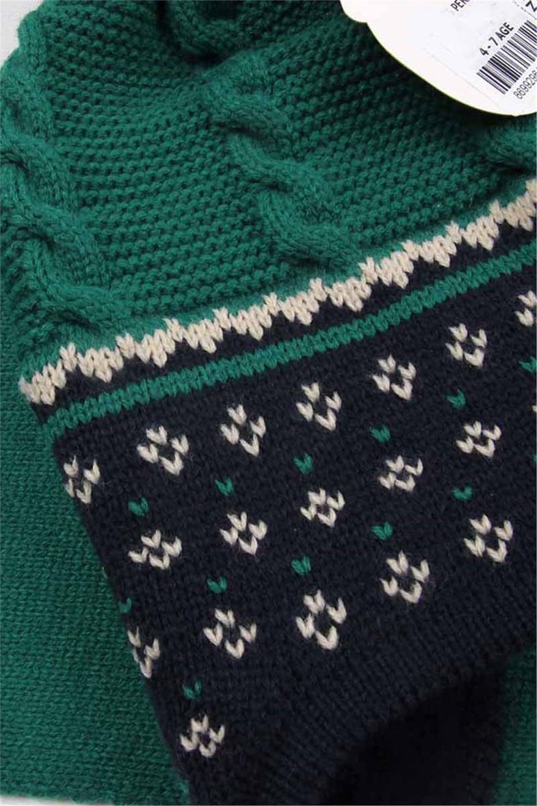 4-7 Yaş Unisex Yeşil Çocuk Atkı Bere Eldiven Takımı - 5096