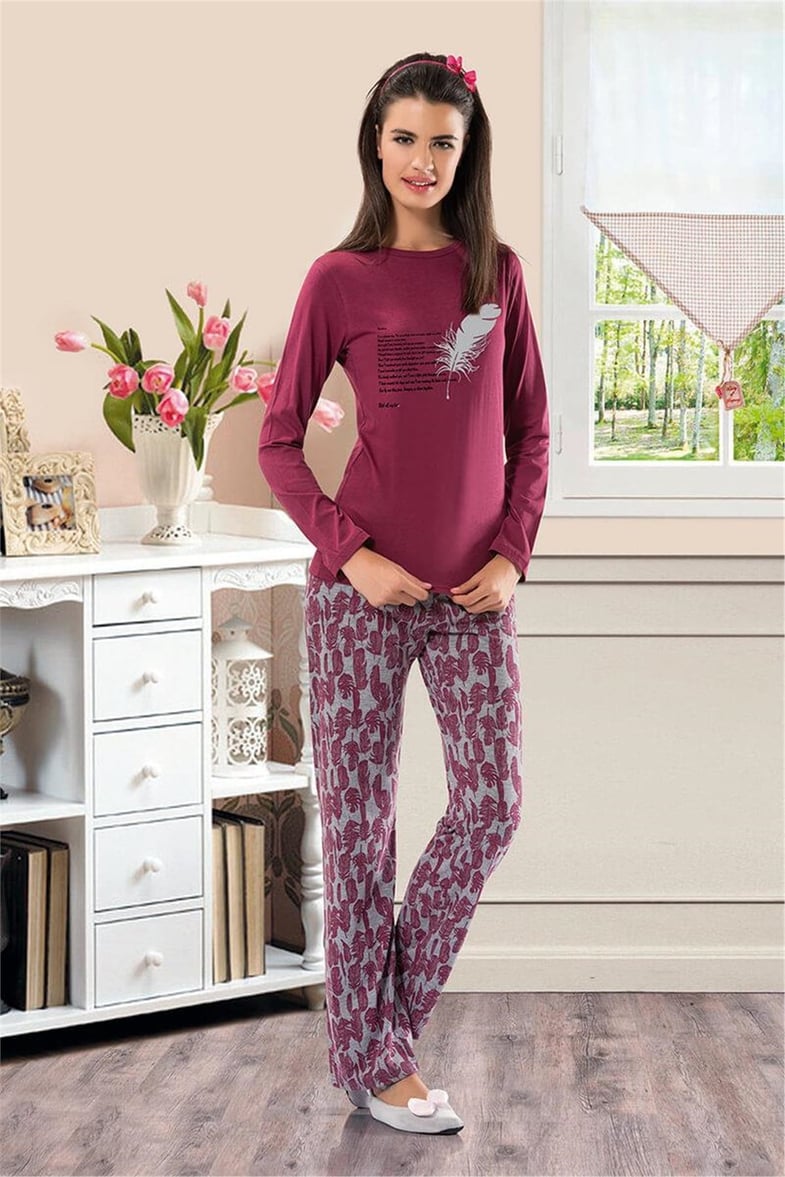 NBB 6936 Bayan Uzun Kollu Tüy Desenli Pijama Takımı