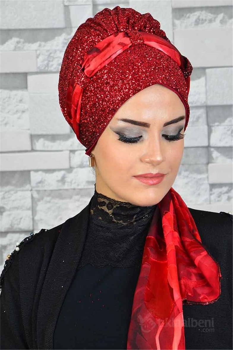 Biritli Kırmızı Simli İşlemeli hazır Abiye Bone Şal bna005