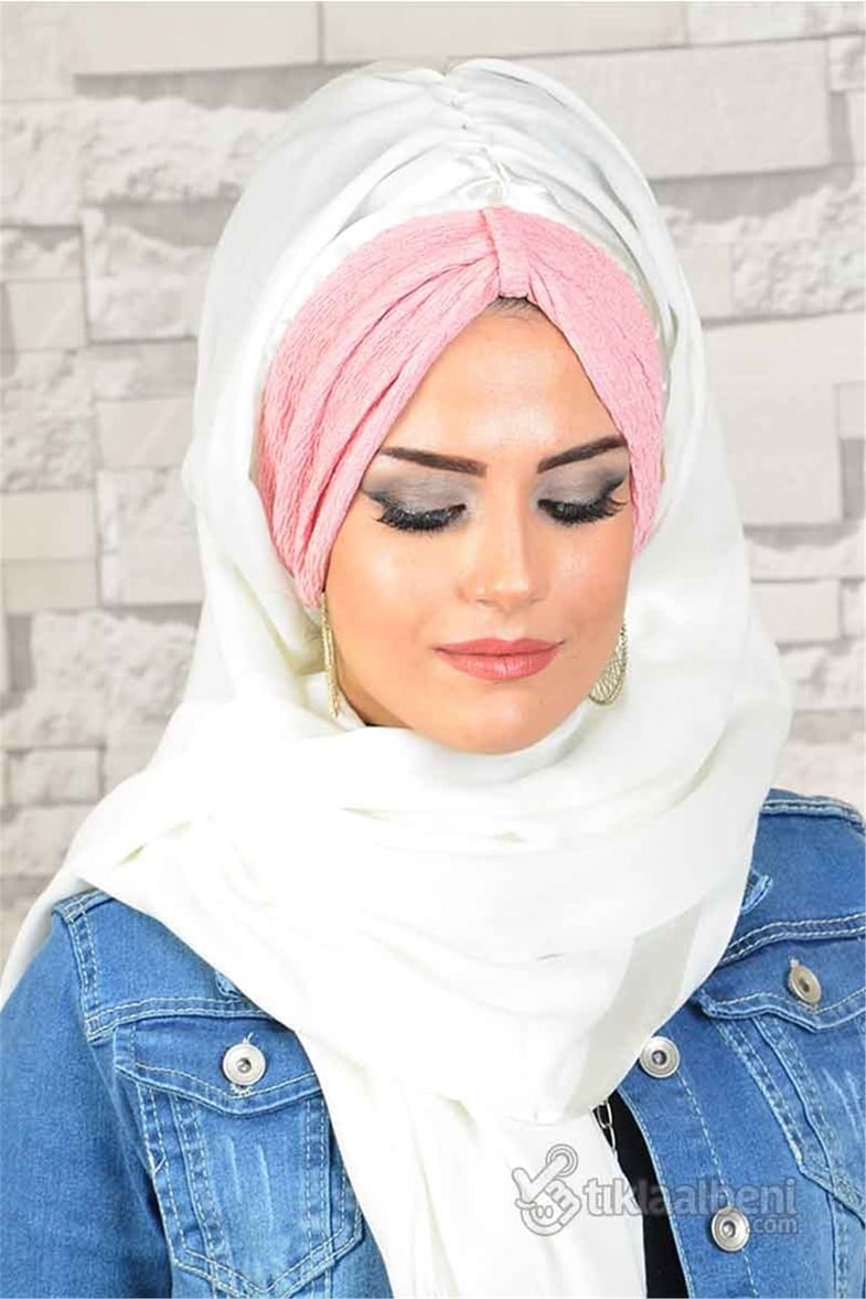 Biritli Pudra Kırık Beyaz Bandana Hazır Şal bnd162
