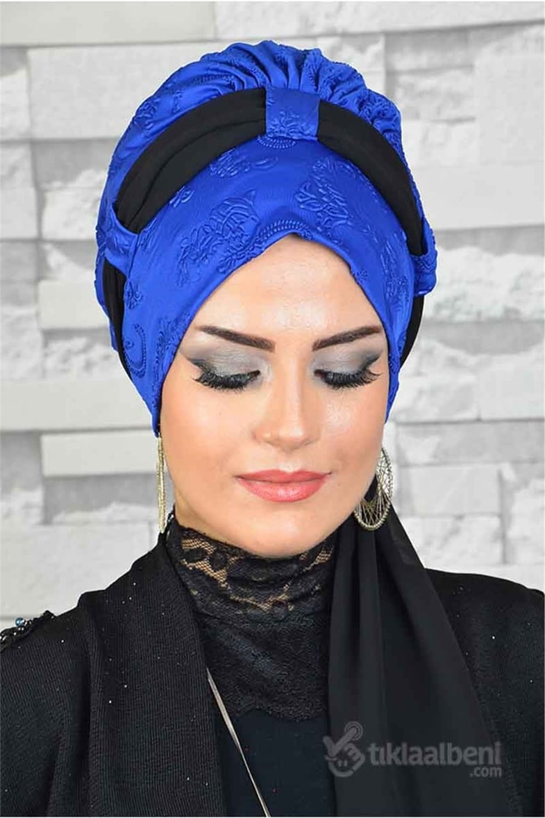 Çift Fularlı Saks Mavi Hazır Bone Eşarp tb2009