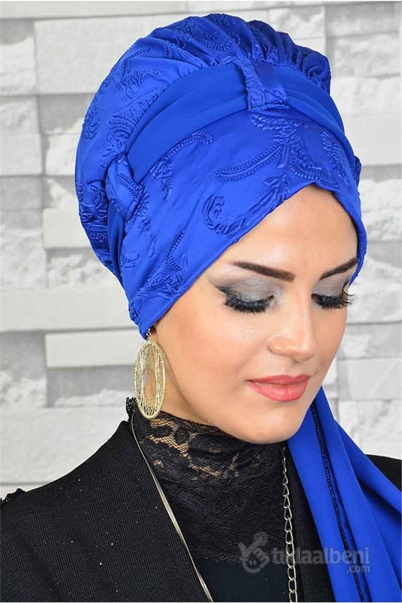 Çift Fularlı Saks Mavi Hazır Bone Eşarp tb2009