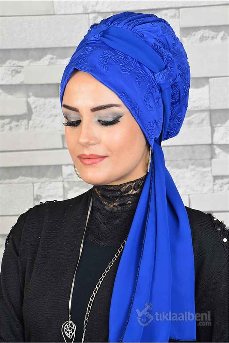Çift Fularlı Saks Mavi Hazır Bone Eşarp tb2009