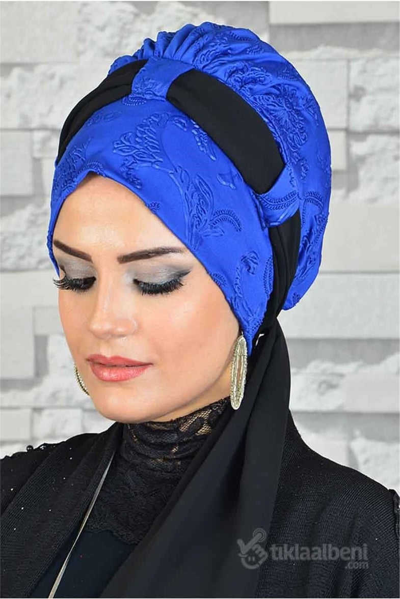 Çift Fularlı Saks Mavi Hazır Bone Eşarp tb2009