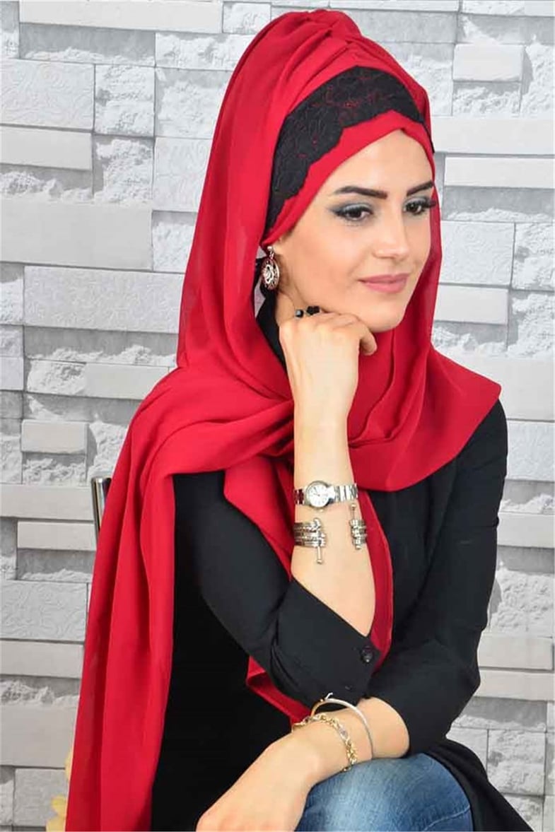 Dantelli Kırmızı Bone Şal d604