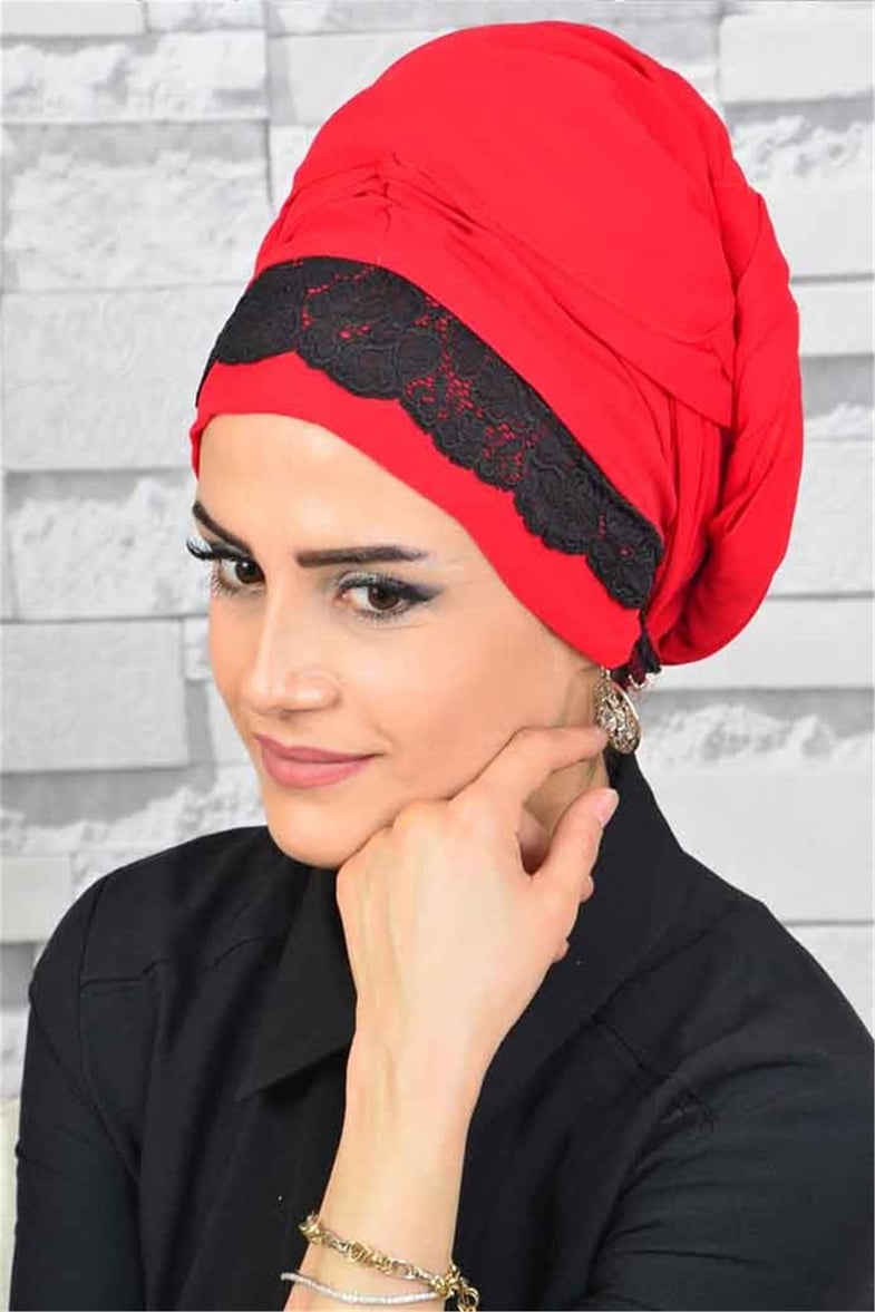 Dantelli Kırmızı Bone Şal d604