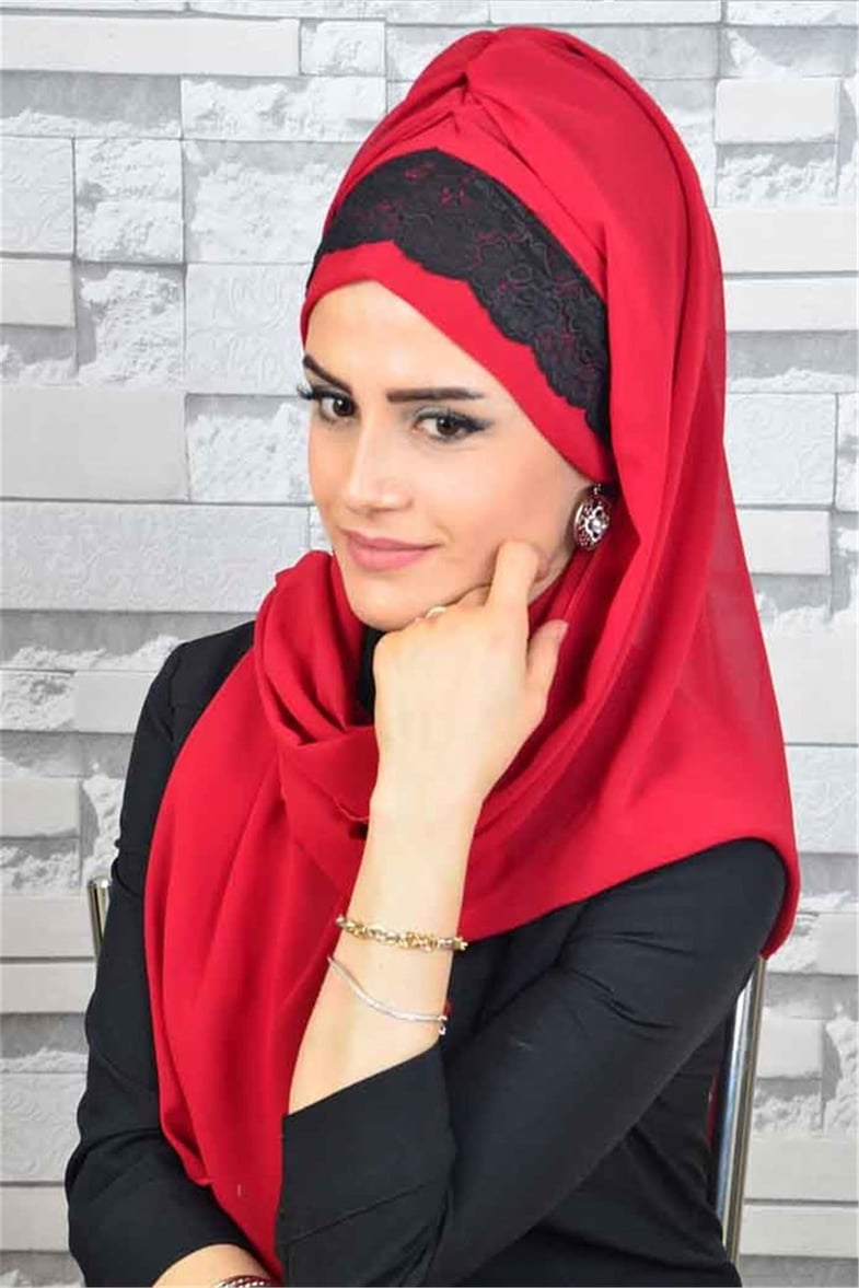Dantelli Kırmızı Bone Şal d604