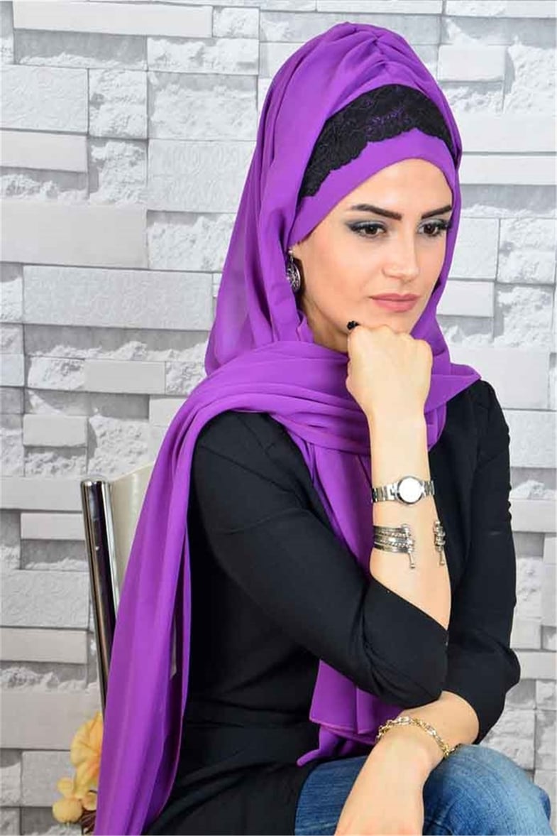 Dantelli Mor Bone Şal d624