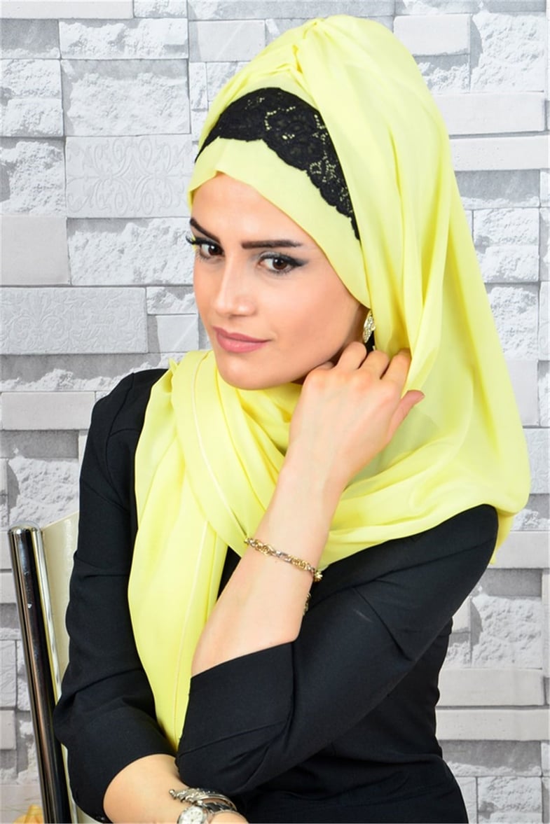 Dantelli Sarı Bone Şal d613
