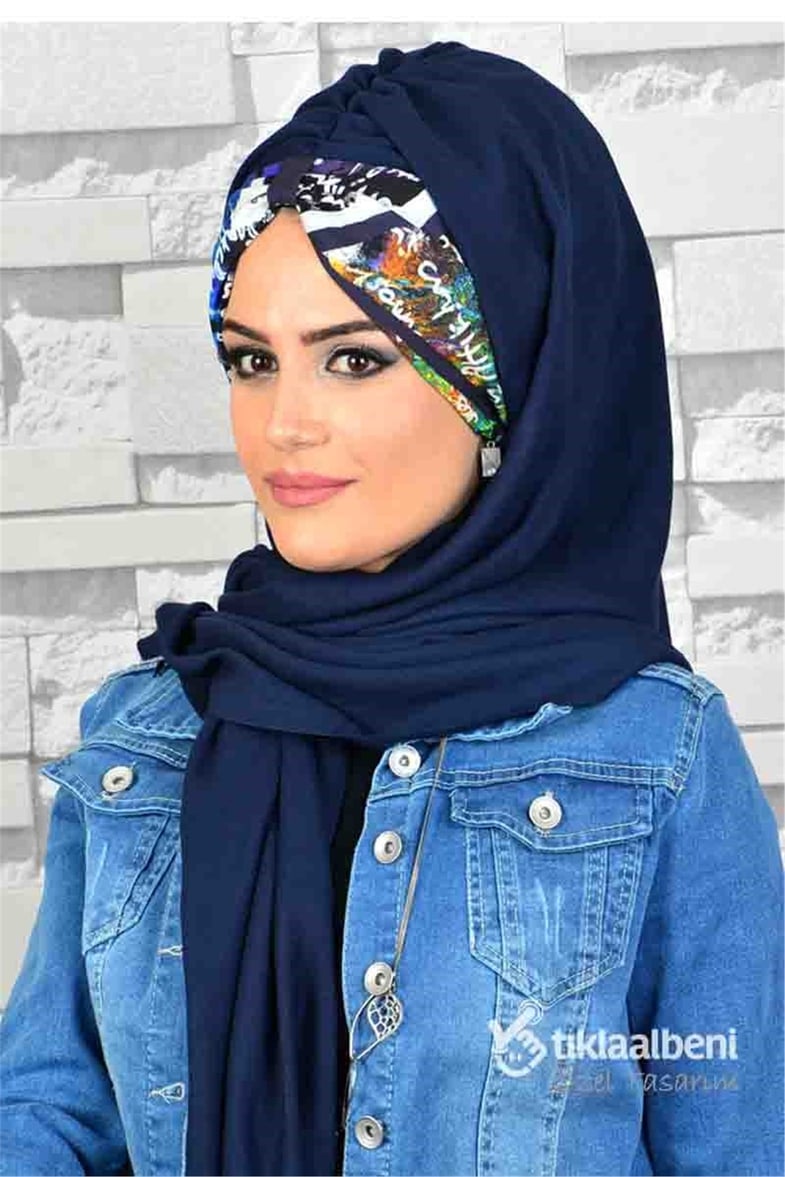 Desenli Bandana Lacivert Hazır Şal  BND127
