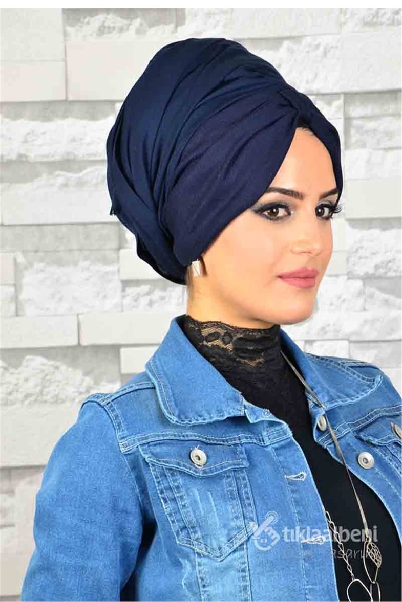 Desenli Bandana Lacivert Hazır Şal  BND127