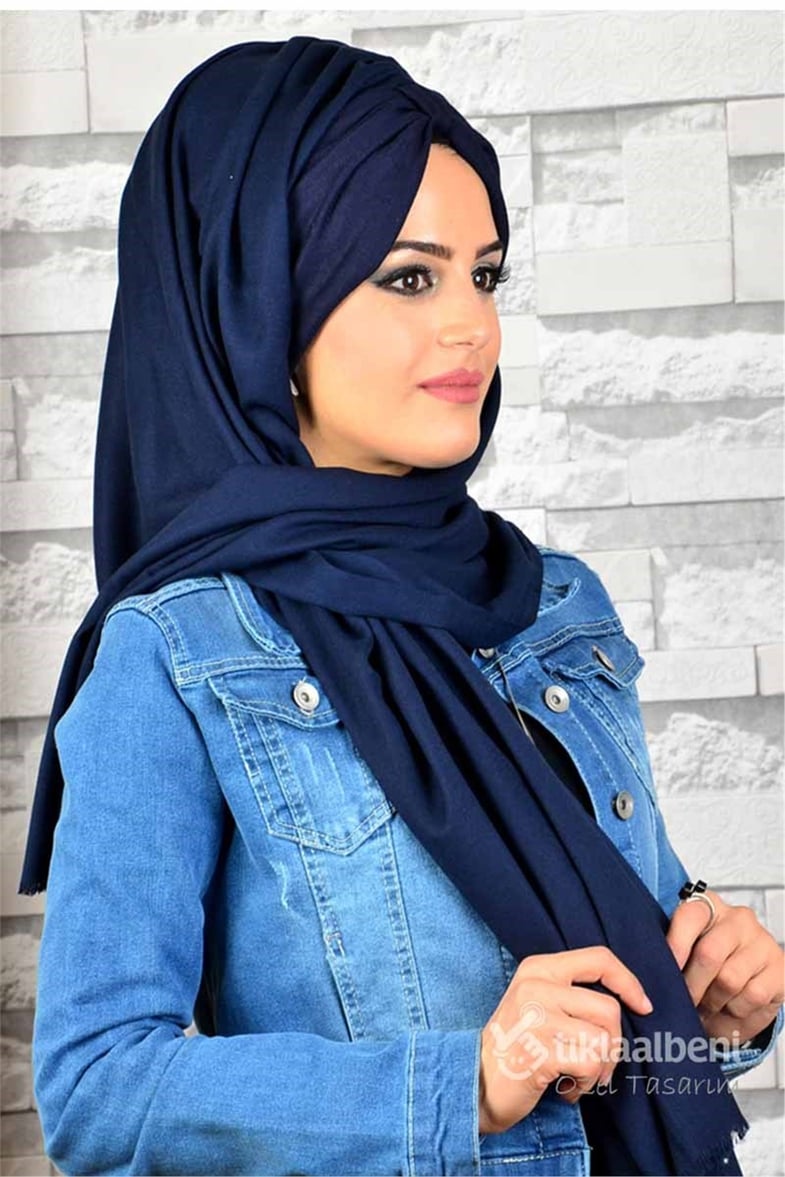 Desenli Bandana Lacivert Hazır Şal  BND127