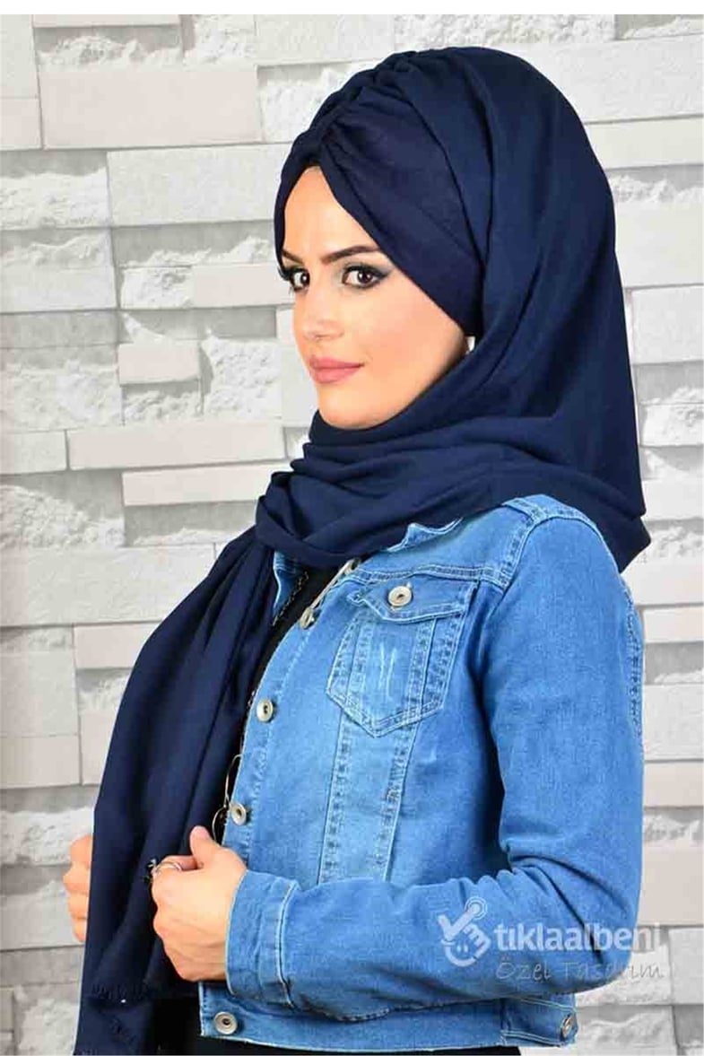 Desenli Bandana Lacivert Hazır Şal  BND127