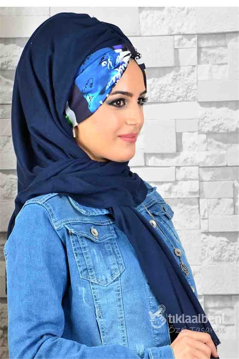 Desenli Bandana Lacivert Hazır Şal  BND127
