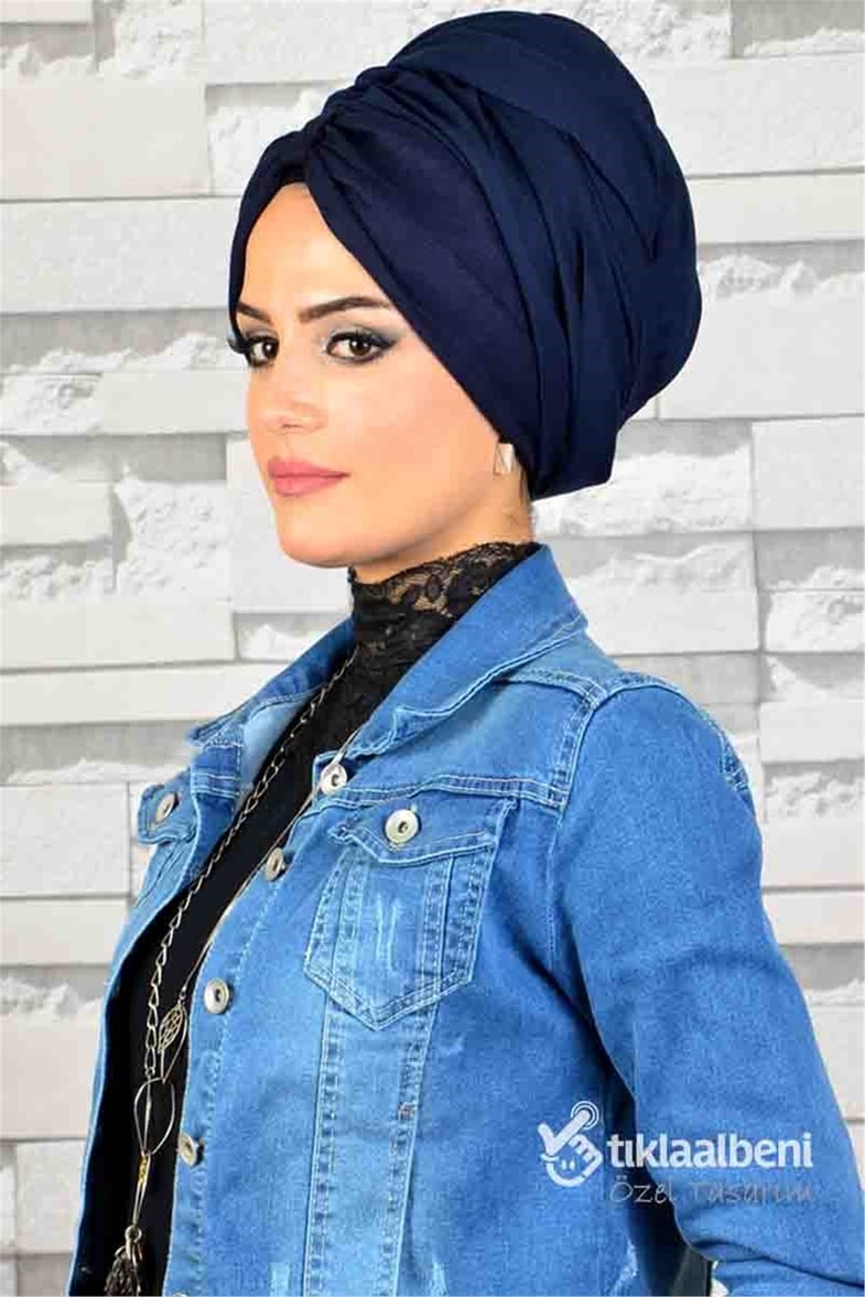 Desenli Bandana Lacivert Hazır Şal  BND127