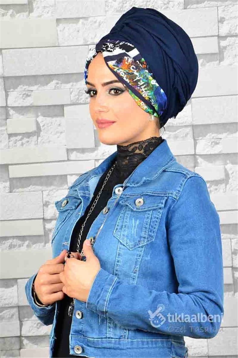 Desenli Bandana Lacivert Hazır Şal  BND127