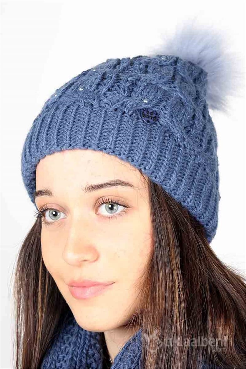 Kadın Atkı Bere Eldiven Takımı Taş Detaylı - Mavi