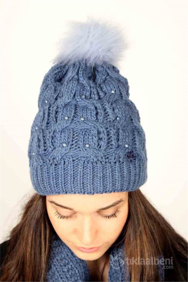 Kadın Atkı Bere Eldiven Takımı Taş Detaylı - Mavi