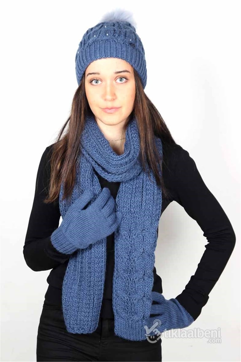Kadın Atkı Bere Eldiven Takımı Taş Detaylı - Mavi