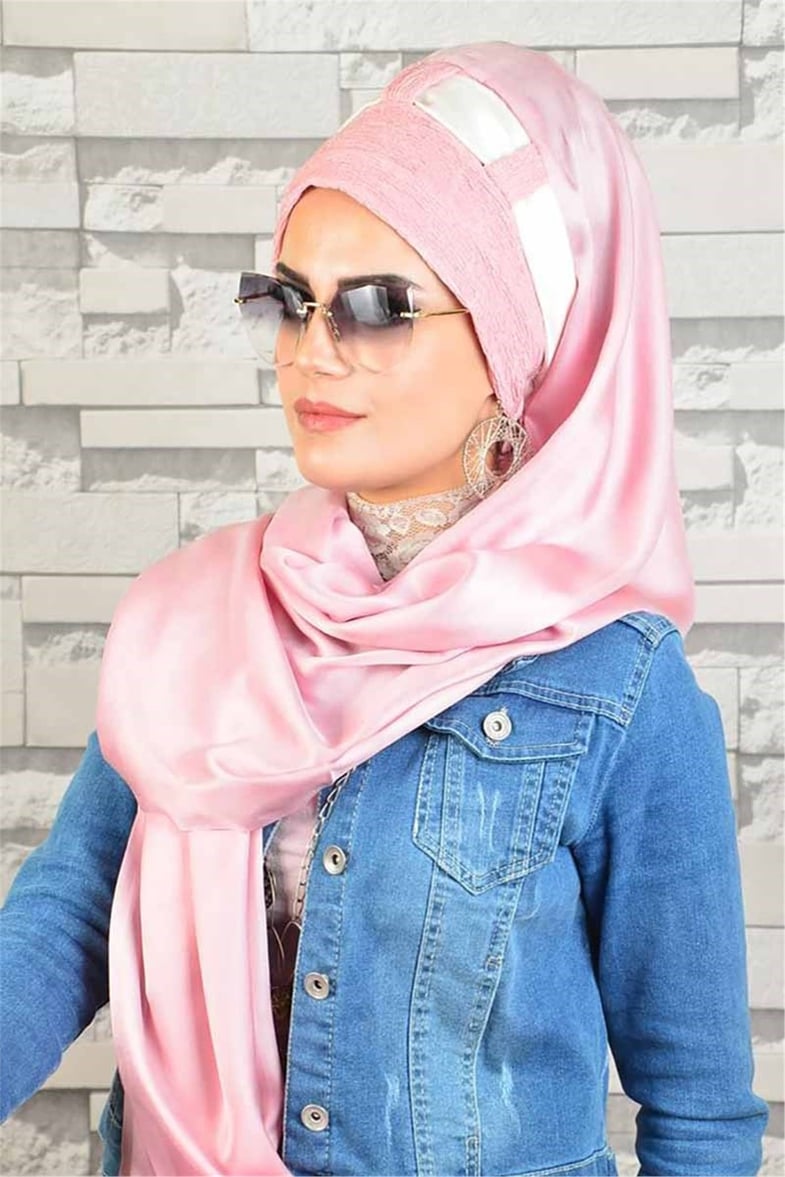 Krem Pudra Simli Hazır Türban bnd8024