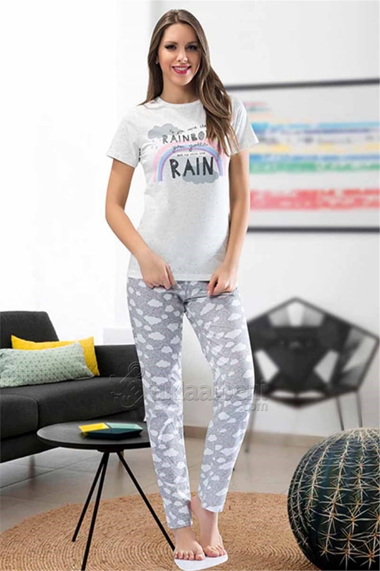 NNB Bayan Kısa Kol Bulut Desenli Rahat şık pijama takım