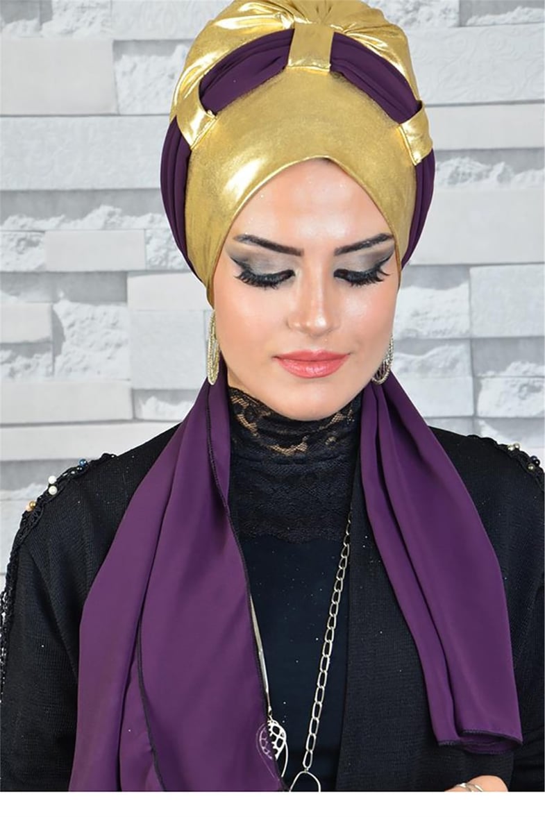 Parlak Gold Abiye Fularlı Bone bna040