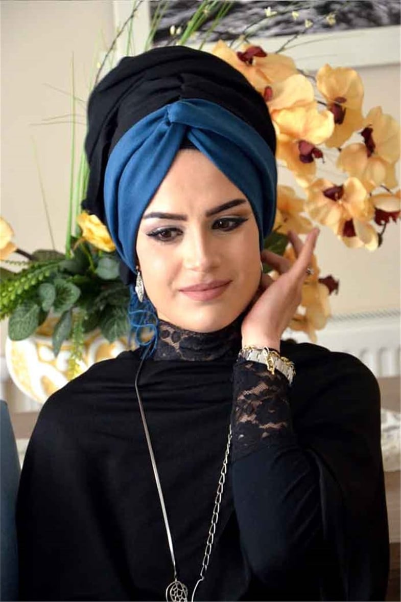 Petrol Mavi, Siyah Burgu Bandana Pratik Şal BND3002