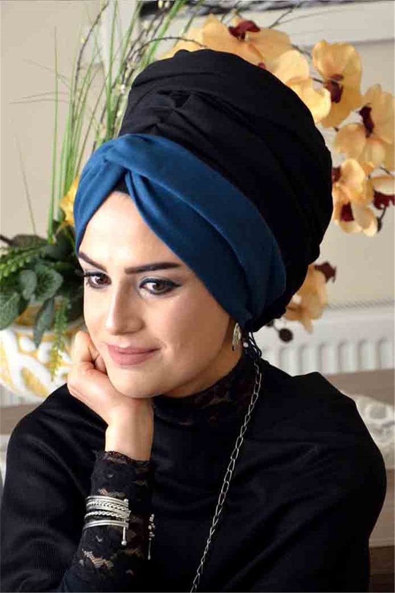Petrol Mavi, Siyah Burgu Bandana Pratik Şal BND3002