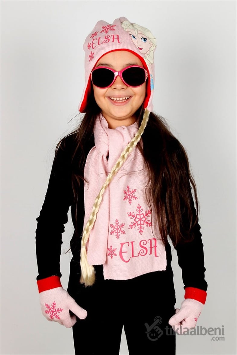Saç Örgülü Elsa Atkı Bere Eldiven Set - ELS-10 - Pembe