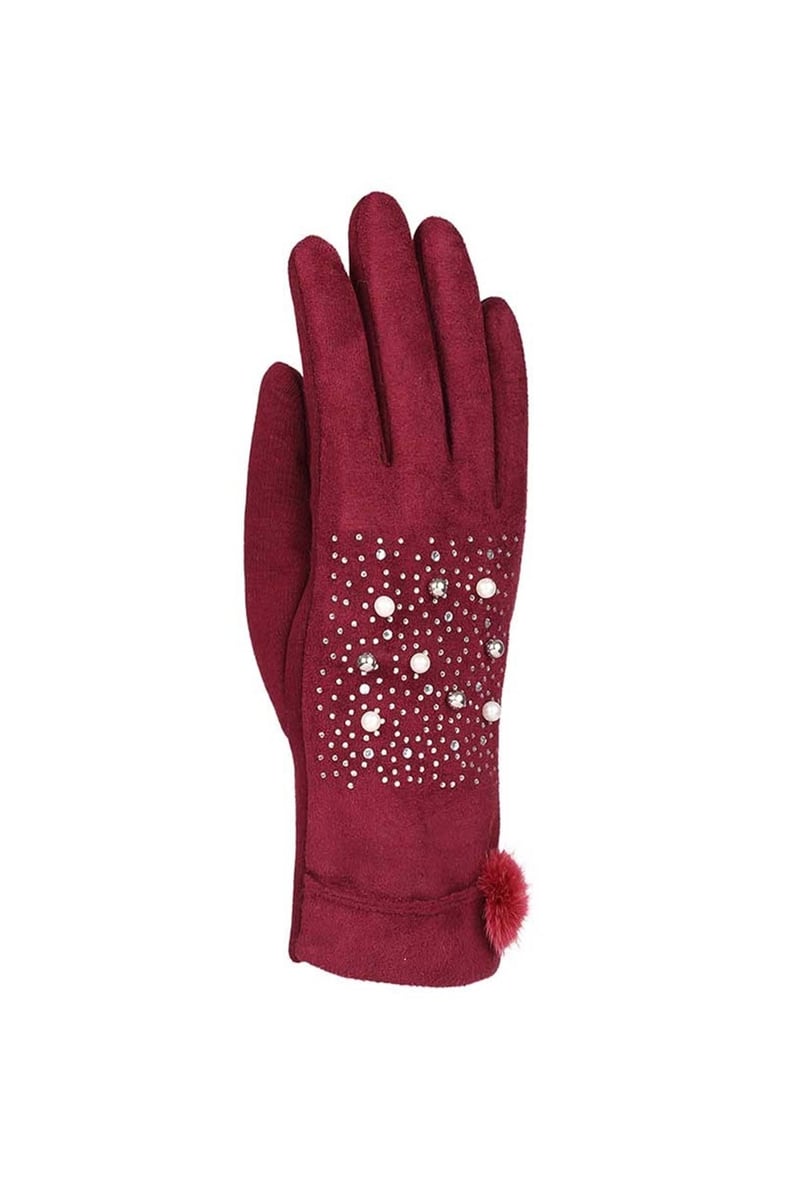 Taşlı Kadın Süet Eldiven 82701-1 - Bordo
