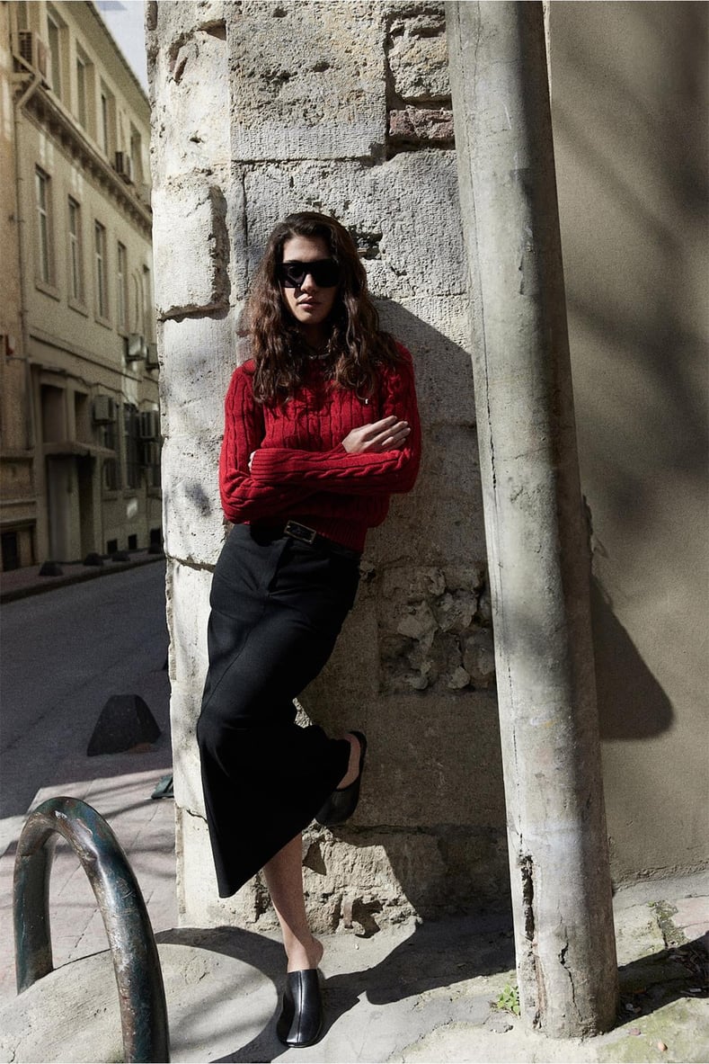 Red Braid Cotton Knit Sweater