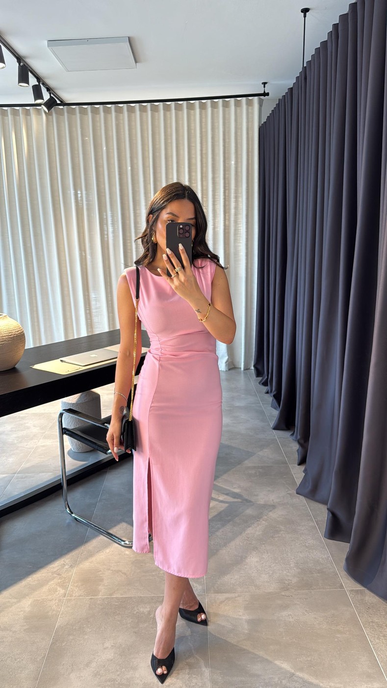 Pembe Drape Detaylı Elbise