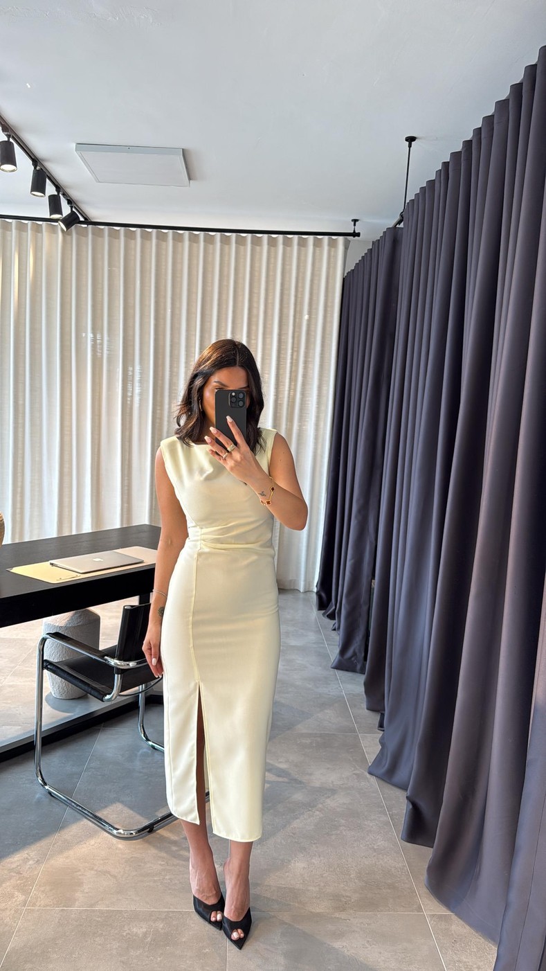 Sarı Drape Detaylı Elbise