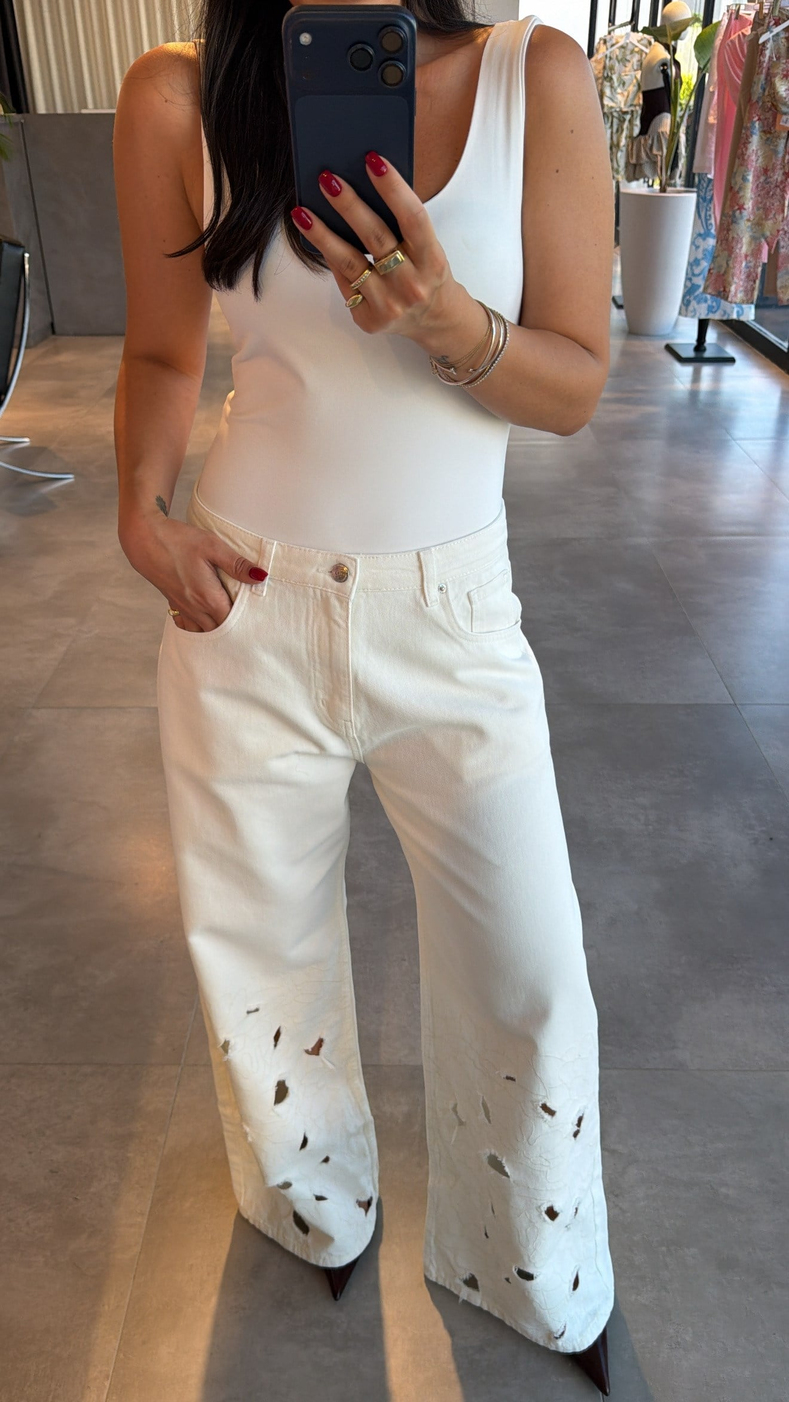 Ekru İşlemeli Denim