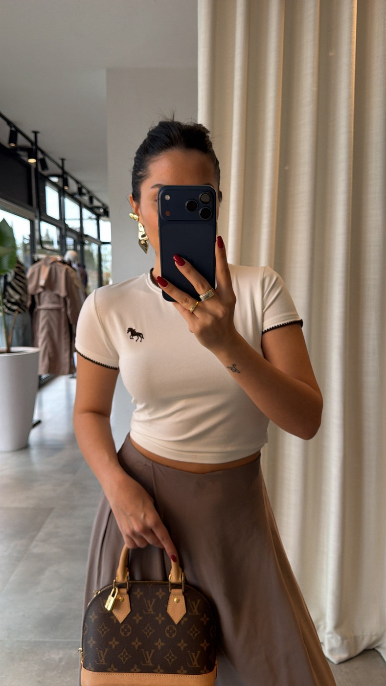 Ekru Kahve Şeritli Crop