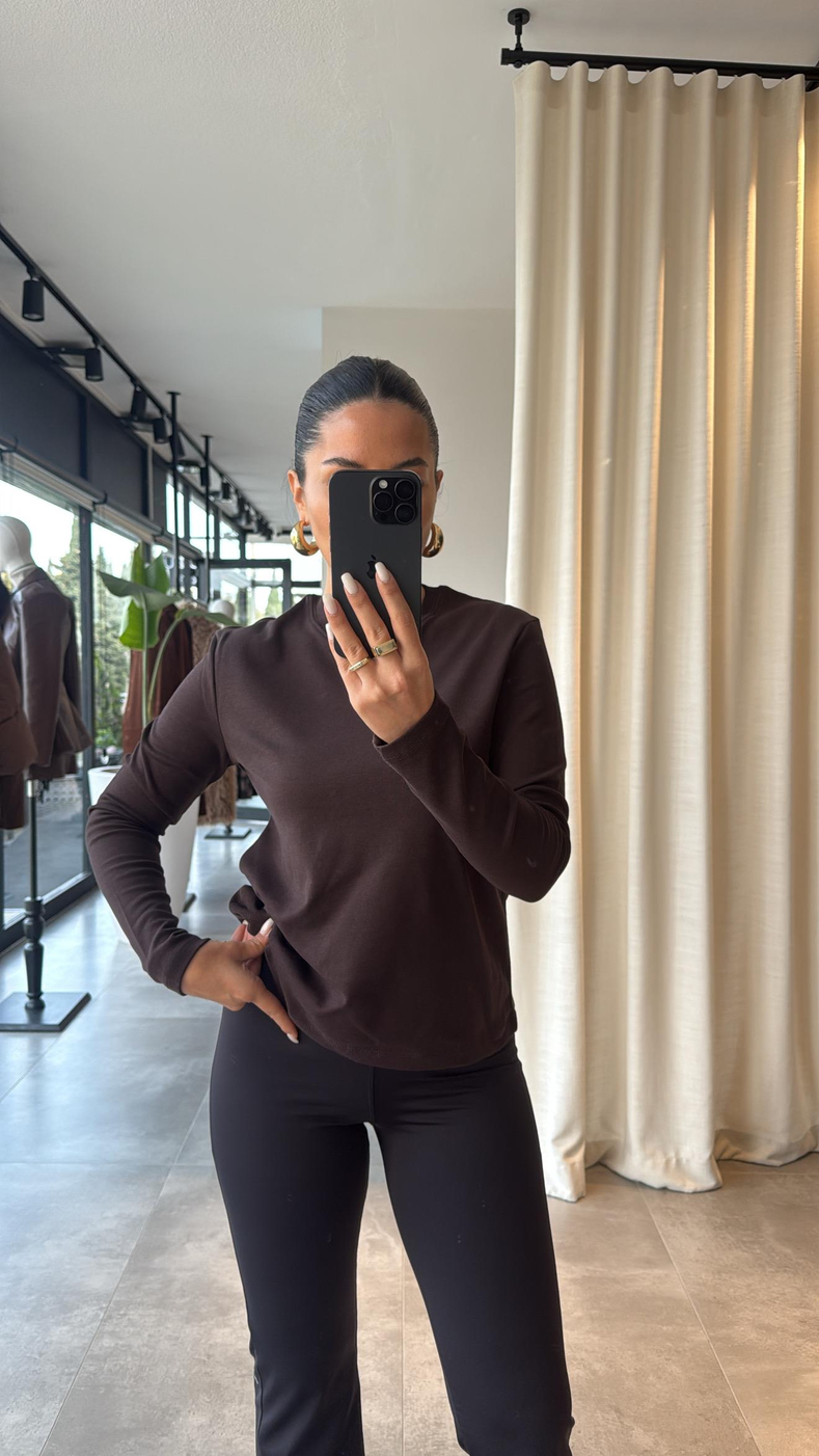 Kahve Uzun Kollu Basic T-shirt
