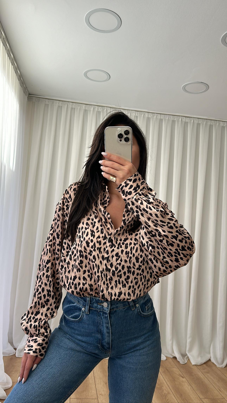 Leopar Desenli Saten Gömlek