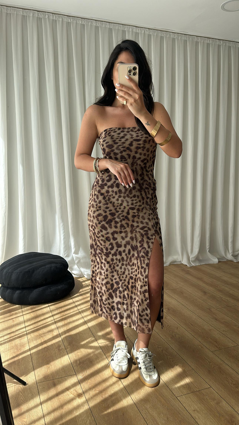 Leopar Straplez Tül Elbise