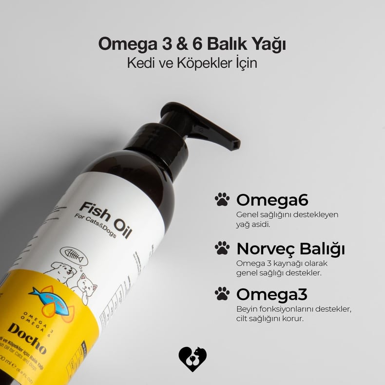 Docho Kedi ve Köpekler İçin Balık Yağı 200 ml ve Köpekler İçin Tüy Sağlığı Destekleyici Damla 50 ml Seti