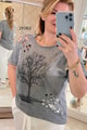 Ağaç Baskılı Yıkamalı Kumaş Tshirt