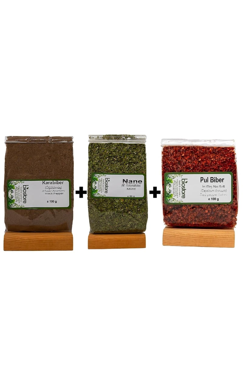 BioStore Lezzet Bahçesi (Nane 50g - İri Diş Pul Biber 100g - Öğütülmüş Karabiber 100g)