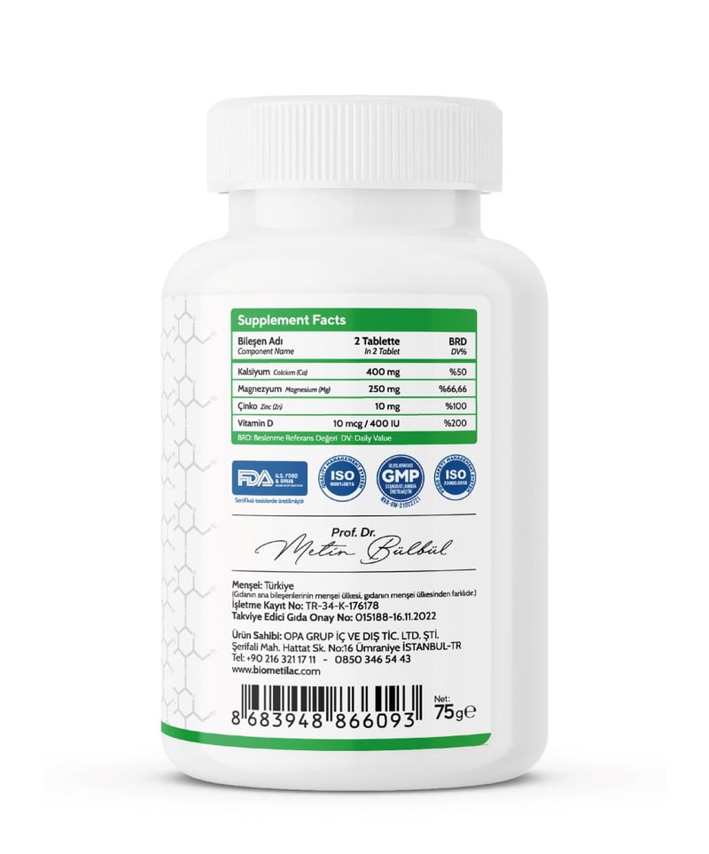 BMT S1 Kalsiyum, Magnezyum, Çinko, Vitamin D Takviye Edici Gıda 60 Tablet