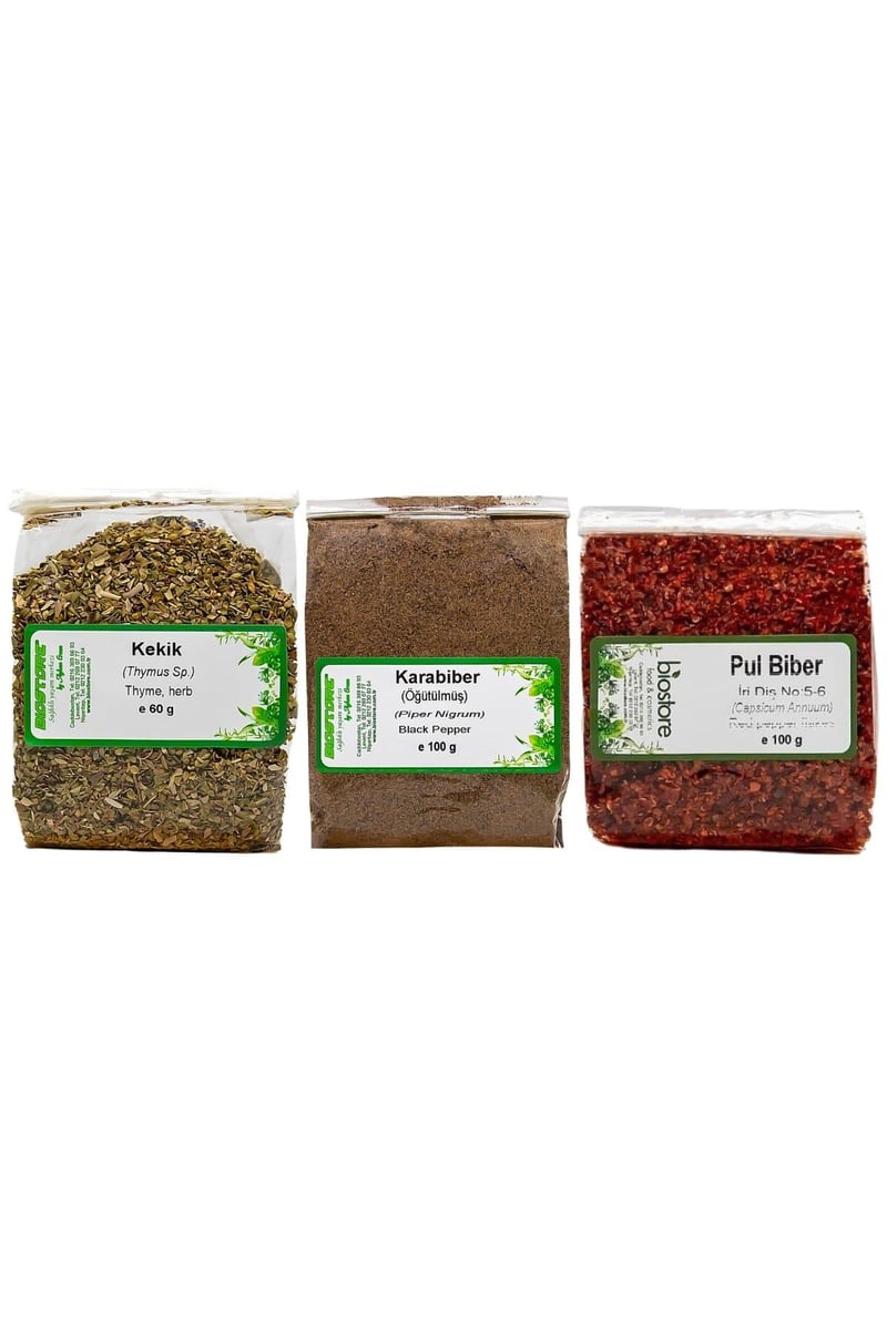 Çeşni Üçlüsü (Kekik 60g - Öğütülmüş Karabiber 100g - İri Diş Pul Biber 100g)