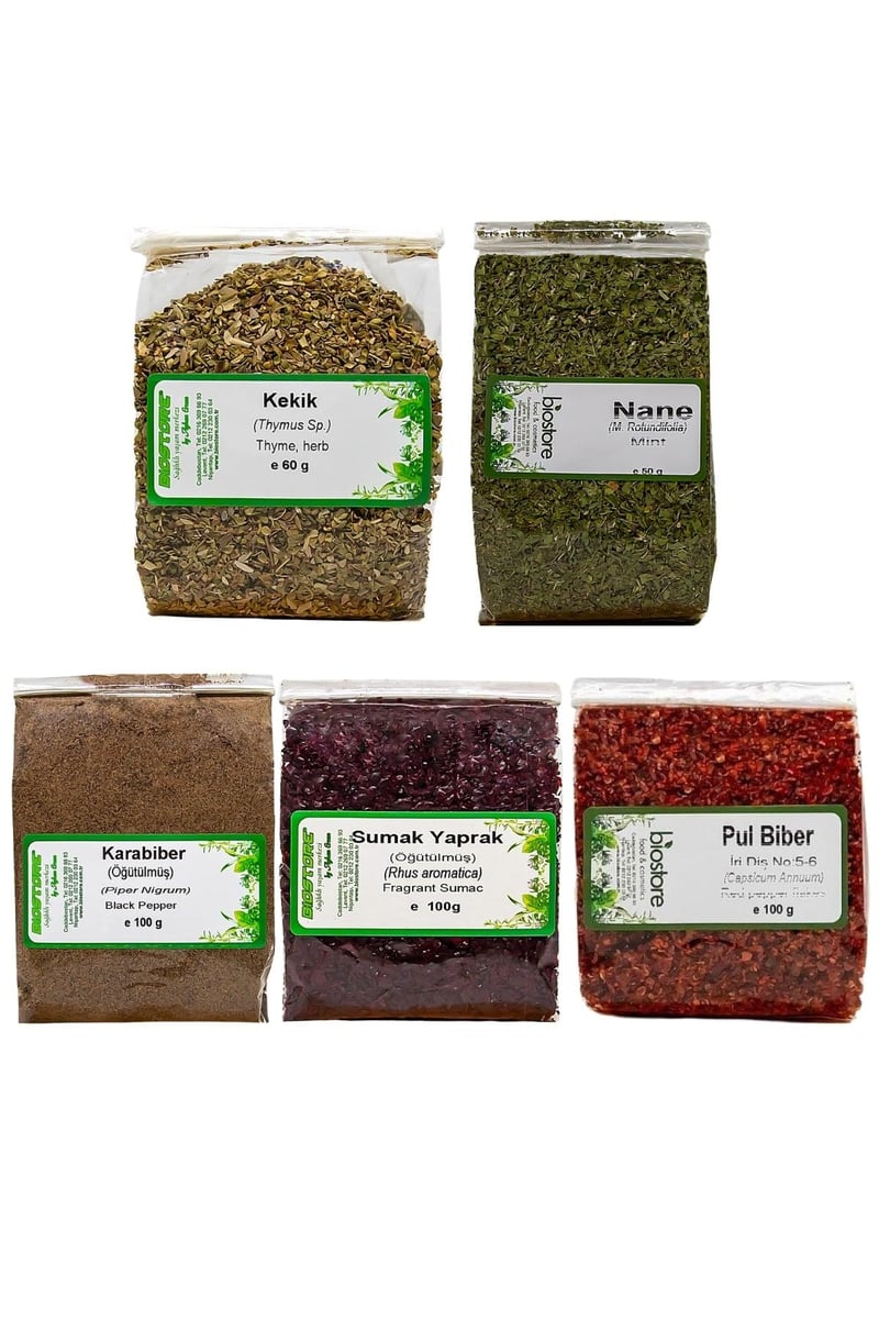 Türk Baharatları Keşfi (Nane 50g - Kekik 60g - Öğütülmüş Karabiber 100g - Öğütülmüş Sumak 100g - İri Diş Pul Biber 100g)
