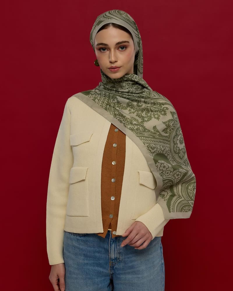 Badem Kremi & Zeytin Yeşili Sultani Desen Şal - 38 · görsel 4