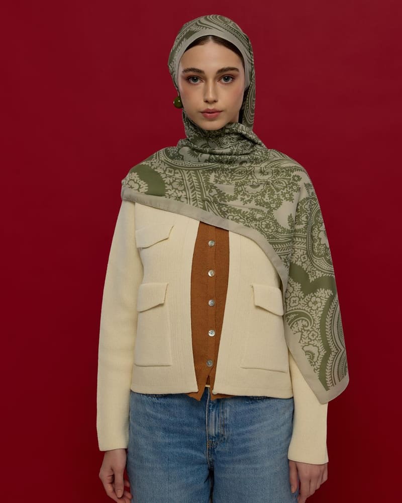 Badem Kremi & Zeytin Yeşili Sultani Desen Şal - 38 · görsel 3