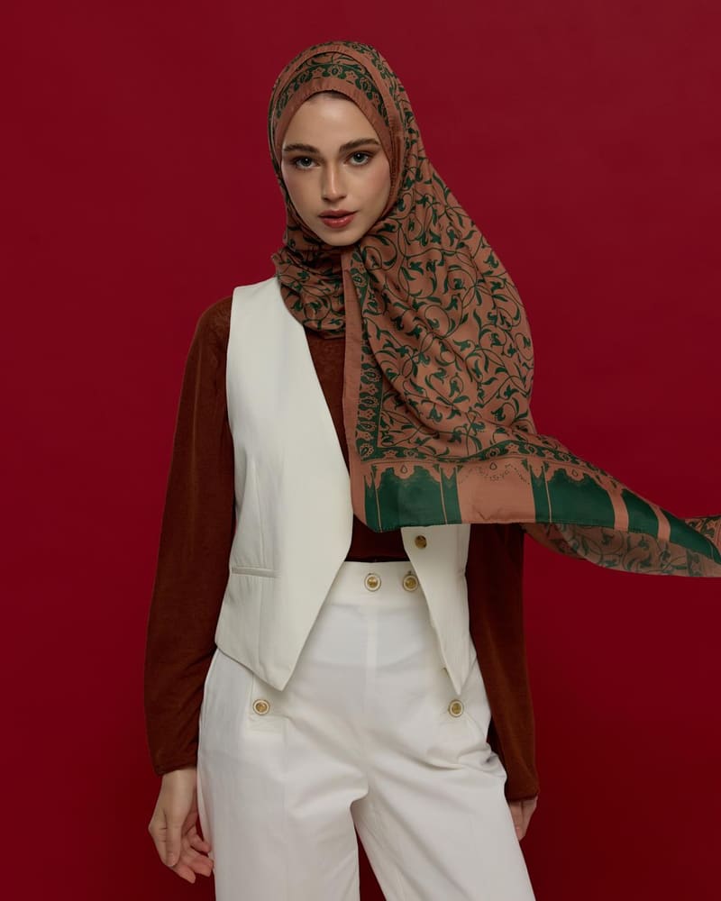 Bronz Şafak & Orman Yeşili Lale Bahçesi Desen Şal - 20 · görsel 4