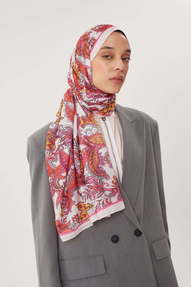 Ekru & Pastel Pembe Retro Desen Şal · Pamuk · görsel 3