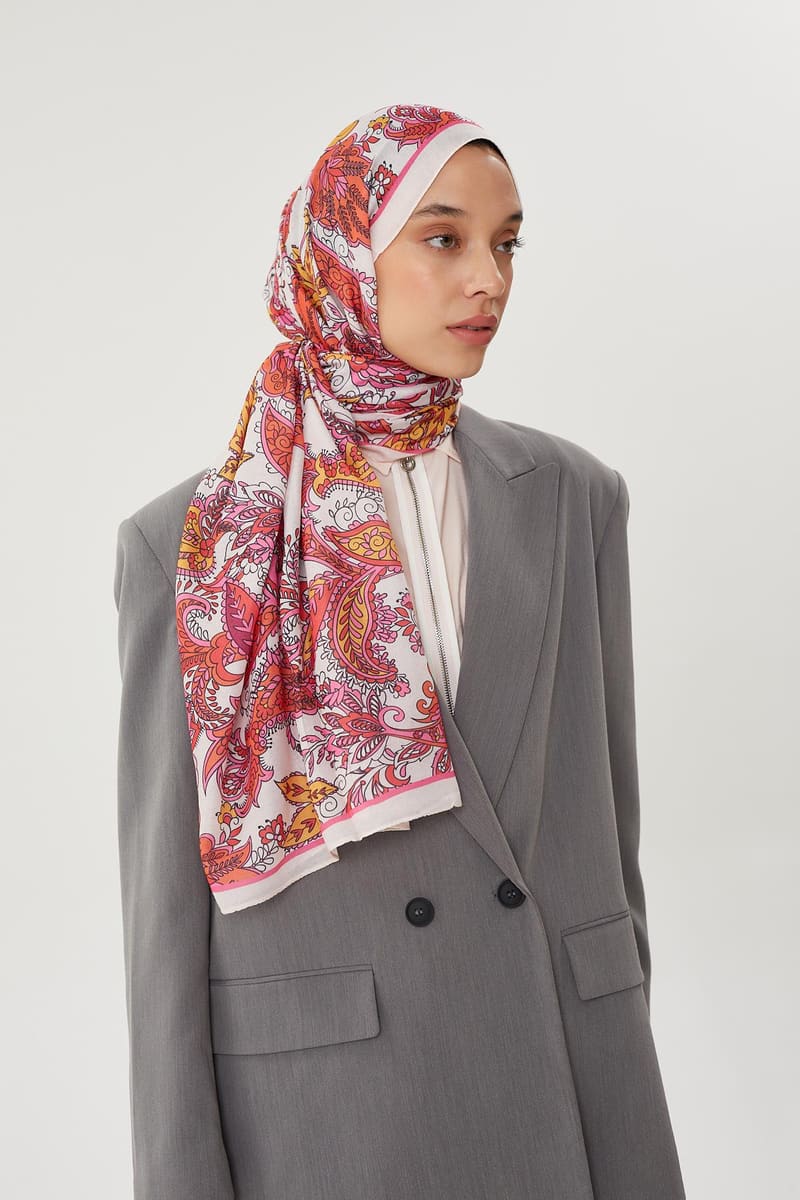 Ekru & Pastel Pembe Retro Desen Şal · Pamuk · görsel 2