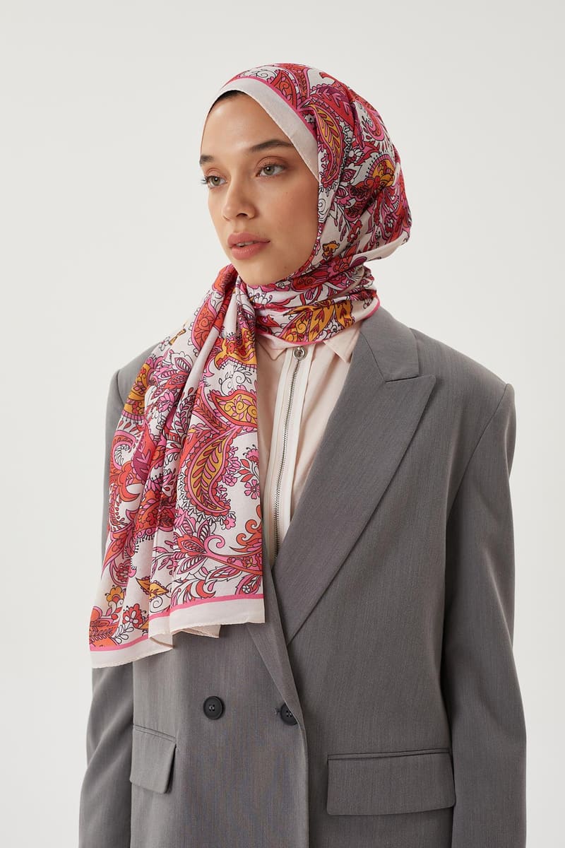 Ekru & Pastel Pembe Retro Desen Şal · Pamuk · görsel 5